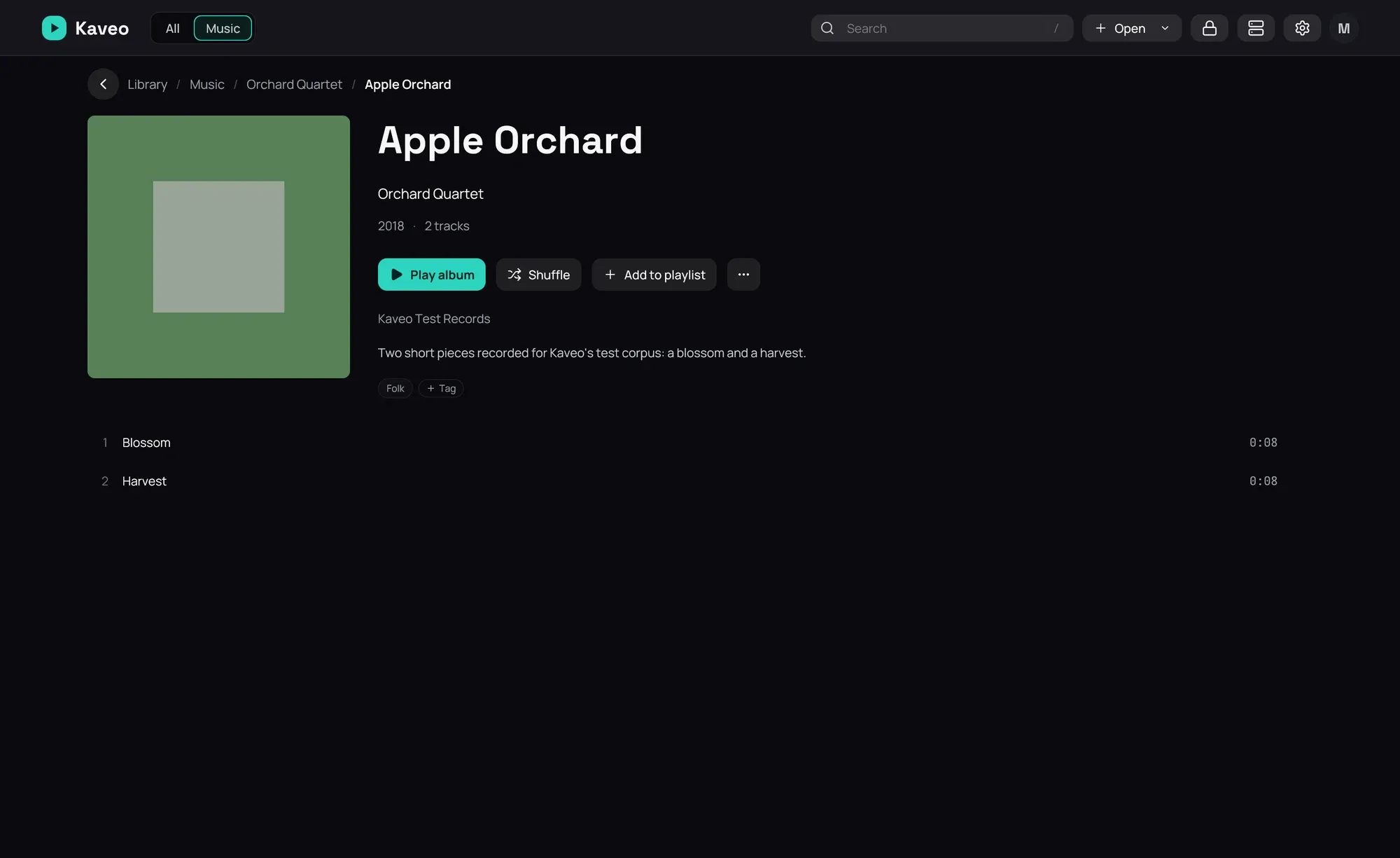 An album page: a square cover, the title and artist, the year and track count, the label, the album's description, then Play album, Shuffle, Add to playlist and the ⋯ menu above the tracks