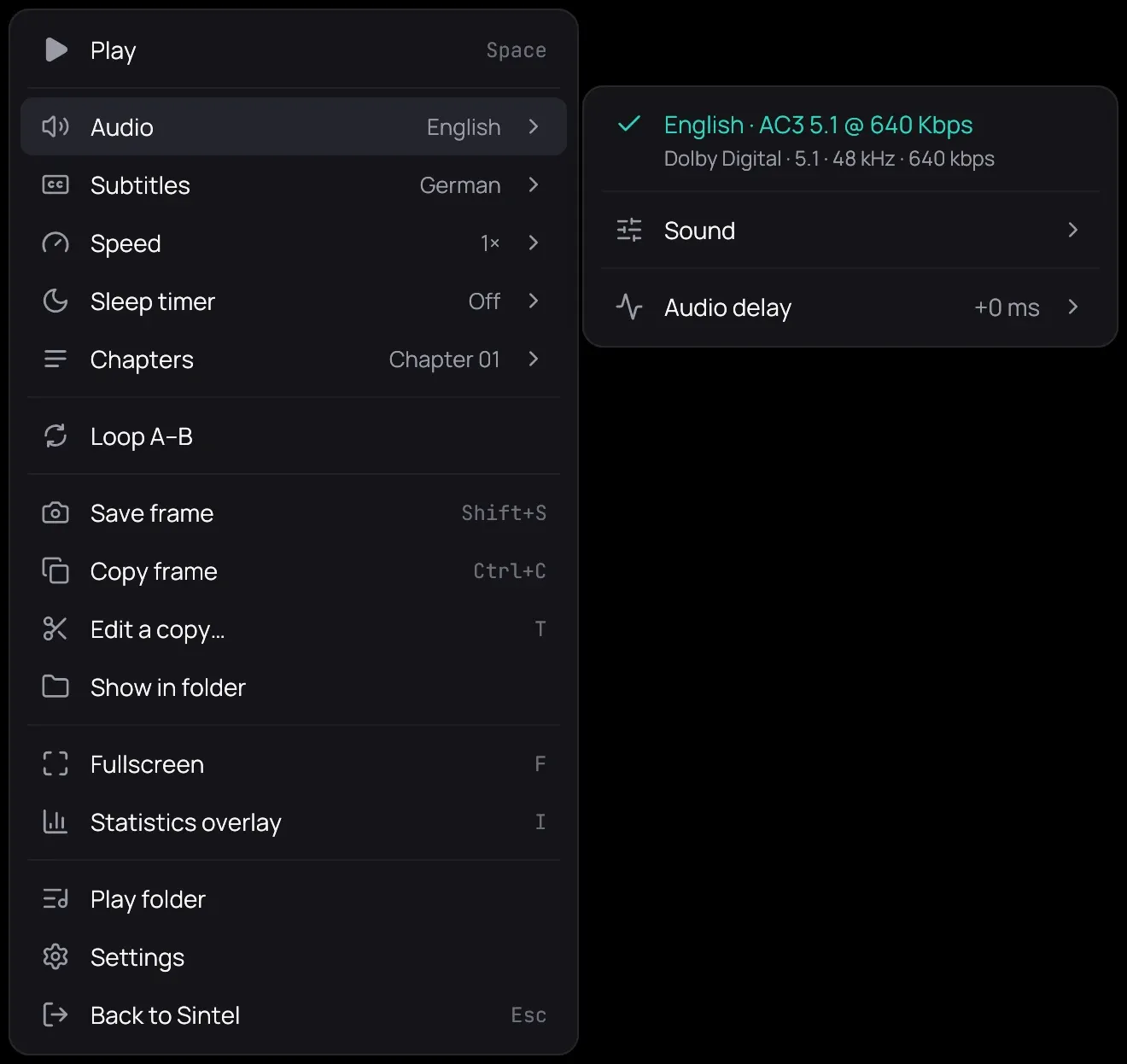 The player's right-click menu with Audio open beside it: the film's English track, its title on the first line and Dolby Digital, 5.1, 48 kHz and 640 kbps on the second, ticked as the one playing, then Sound, which holds the loudness, night, dialogue and equaliser settings, and Audio delay