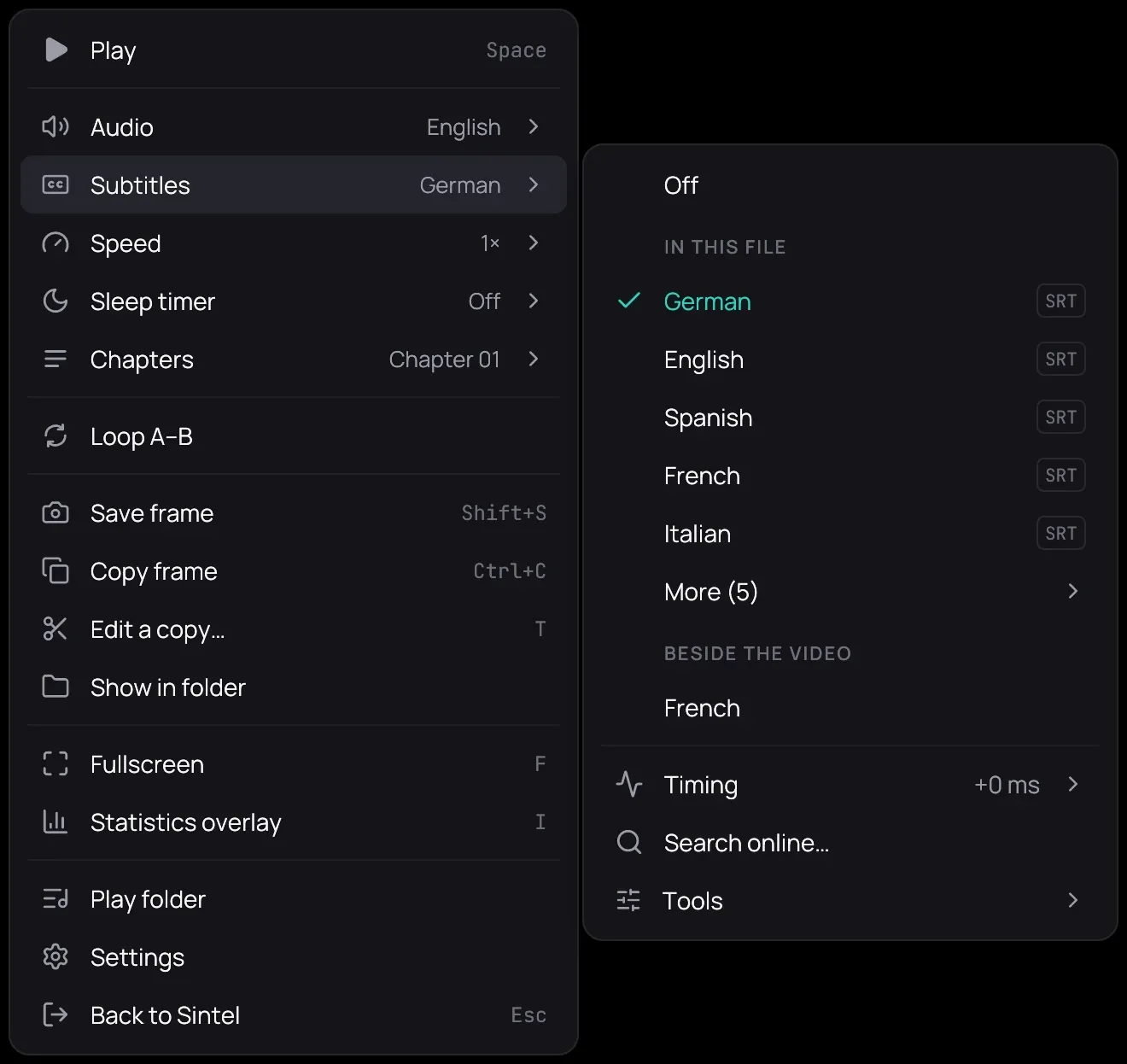 The player's right-click menu with Subtitles open beside it: Off, five of the video's own tracks under In this file with German ticked as playing, then More (5), a French file under Beside the video, then Timing, Search online… and Tools