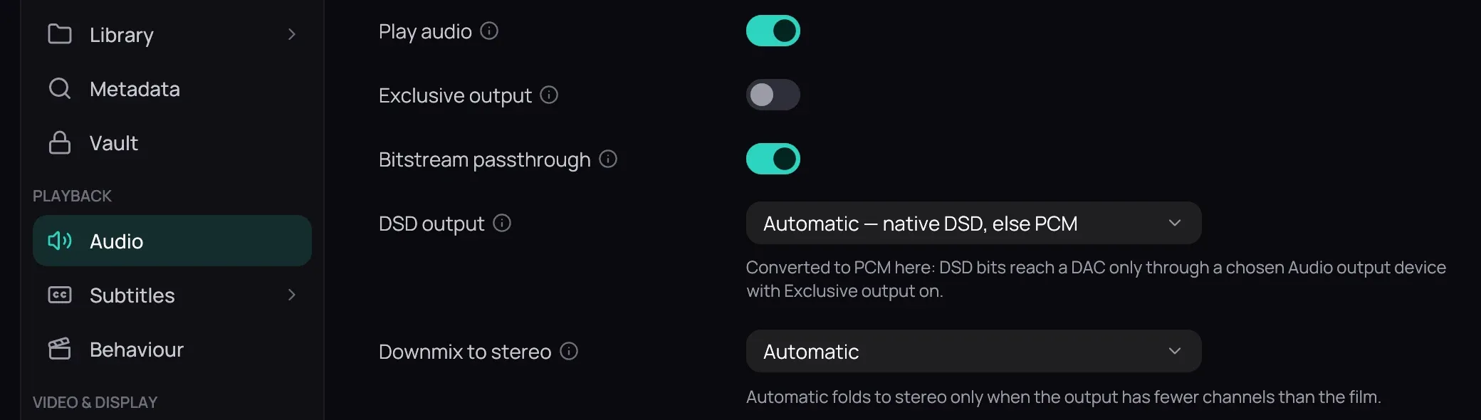 Settings with Audio chosen in the rail: Play audio on, Exclusive output off, Bitstream passthrough on, DSD output with its note that DSD is converted to PCM here, and Downmix to stereo on Automatic