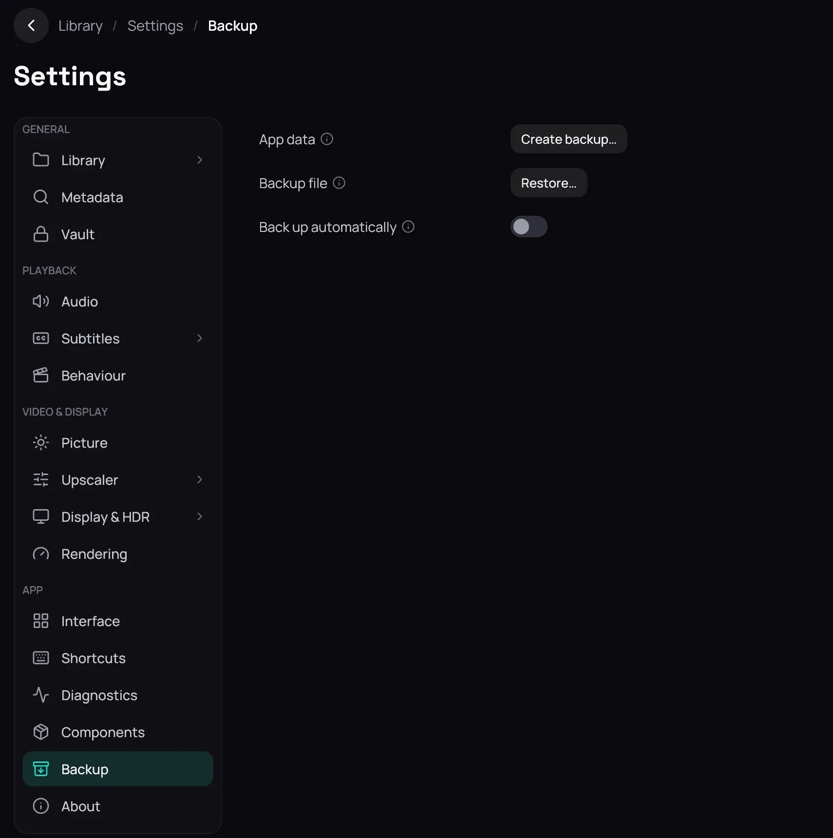 Settings shown on the Backup section: the rail with Backup selected under App, and beside it the App data row with a Create backup button, the Backup file row with a Restore button, and the Back up automatically switch, off.