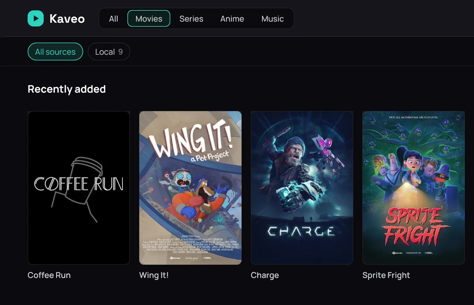 A category page: its own rows, narrowed to Movies, with the source bar underneath