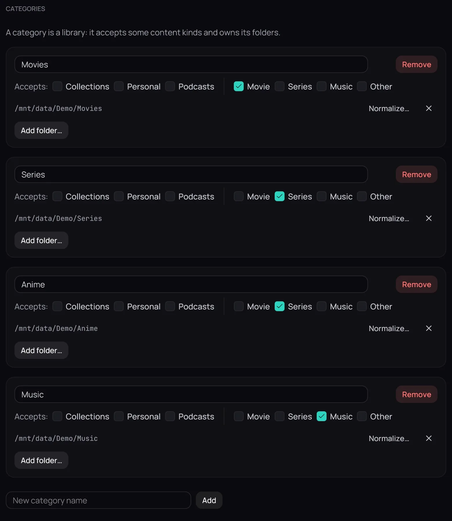 The categories list in Settings, each with its Accepts kinds and folders, and New category name below them