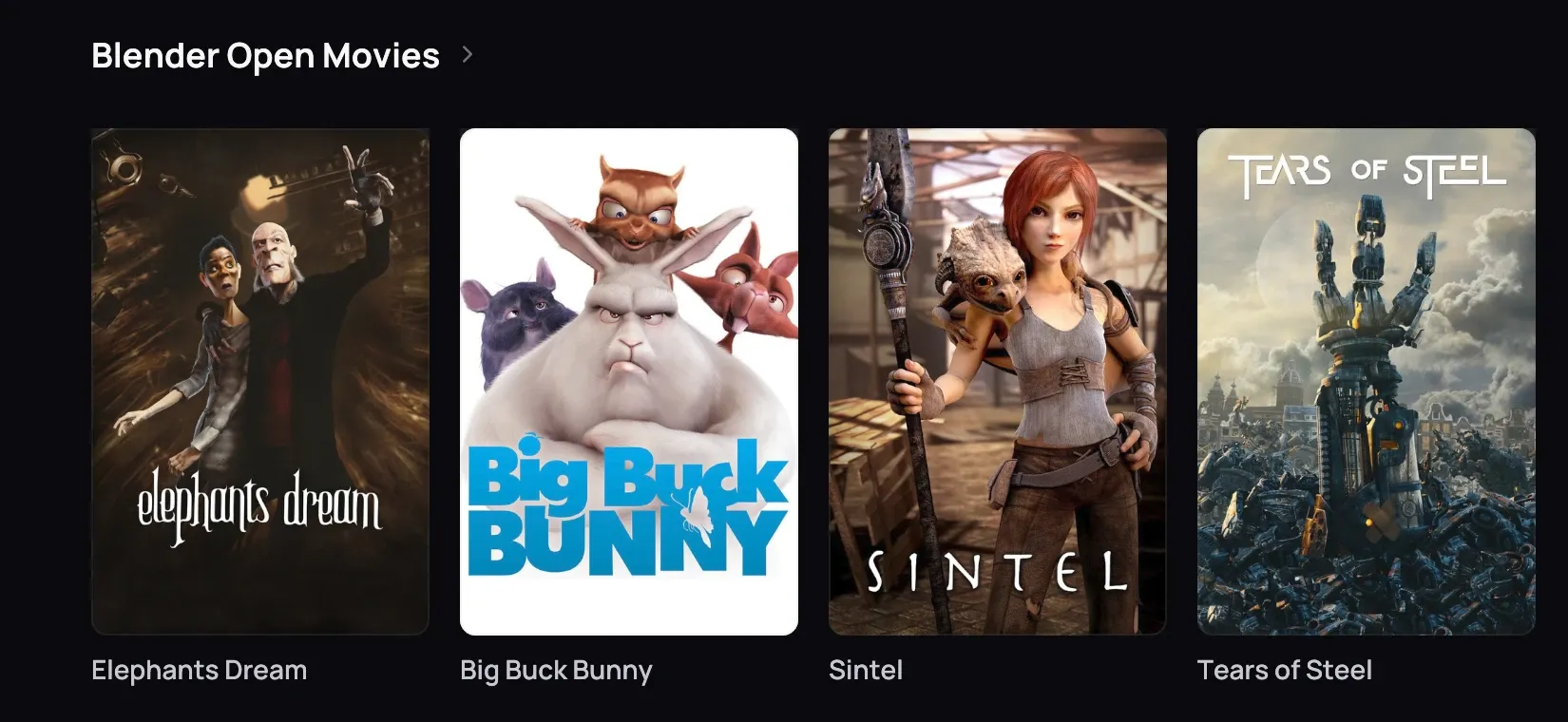 The Blender Open Movies row on the library home