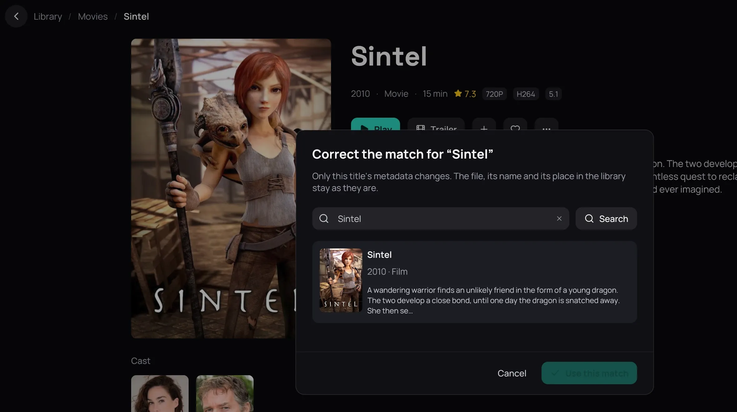 The Correct match dialog open over Sintel's title page, with the search already run and one candidate offered