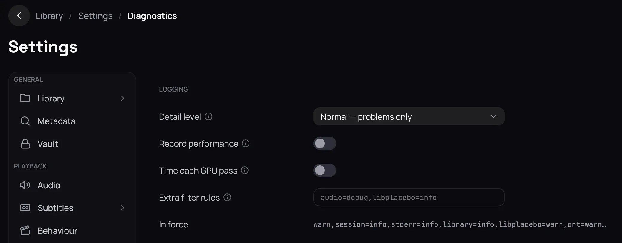 A band across the top of the Diagnostics section: the settings rail on the left, cut below Behaviour, and beside it the Logging group — Detail level on Normal — problems only, Record performance and Time each GPU pass both off, an empty Extra filter rules field showing only its faint example, and In force naming the rules that apply. The rest of the section carries on below the picture.