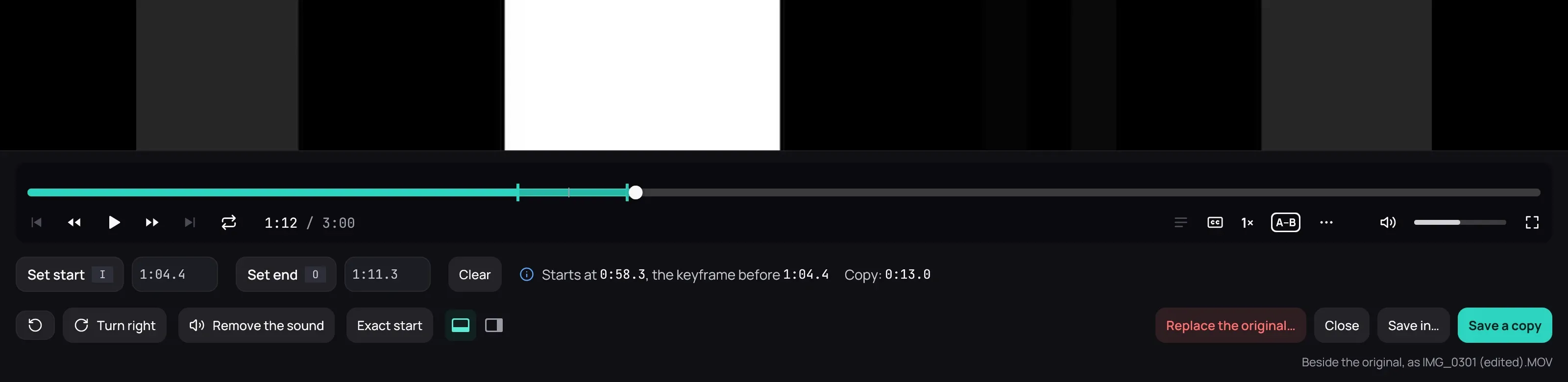 The editor panel under a paused video: a start and an end marked on the playback bar, Set start and Set end with their times, the line saying where the copy really starts, and Save a copy