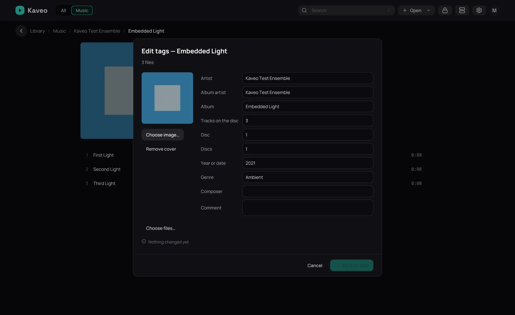 The Edit tags dialog on an album: the cover with Choose image…, the shared fields, and Save to files
