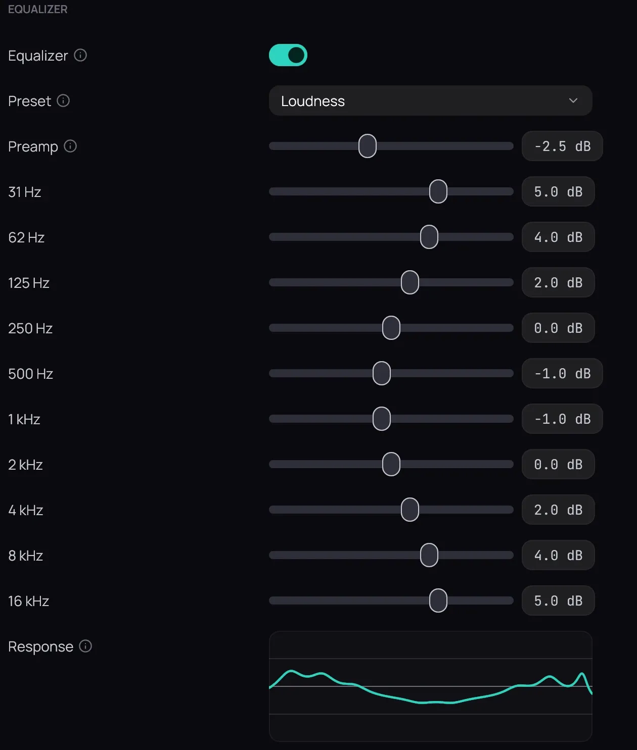 The Equalizer group in Settings, with Equalizer on, Preset set to Loudness, the Preamp and ten band sliders from 31 Hz to 16 kHz, and the Response curve under them