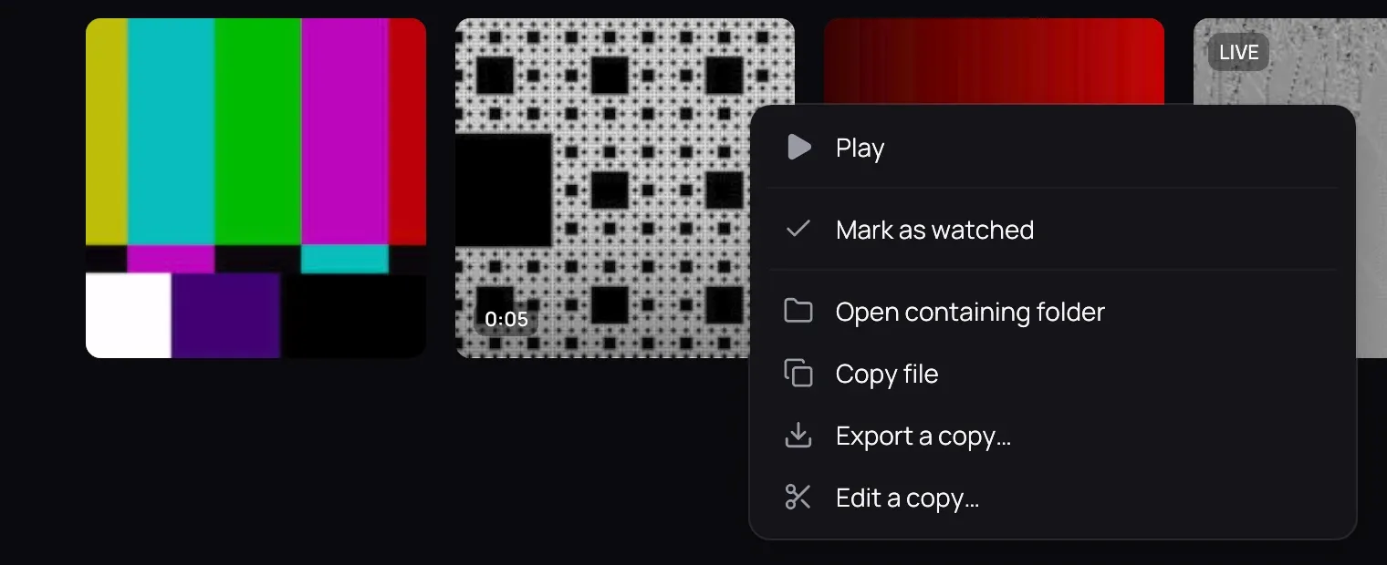 A video's right-click menu on its folder's page, with Copy file and Export a copy… under Open containing folder
