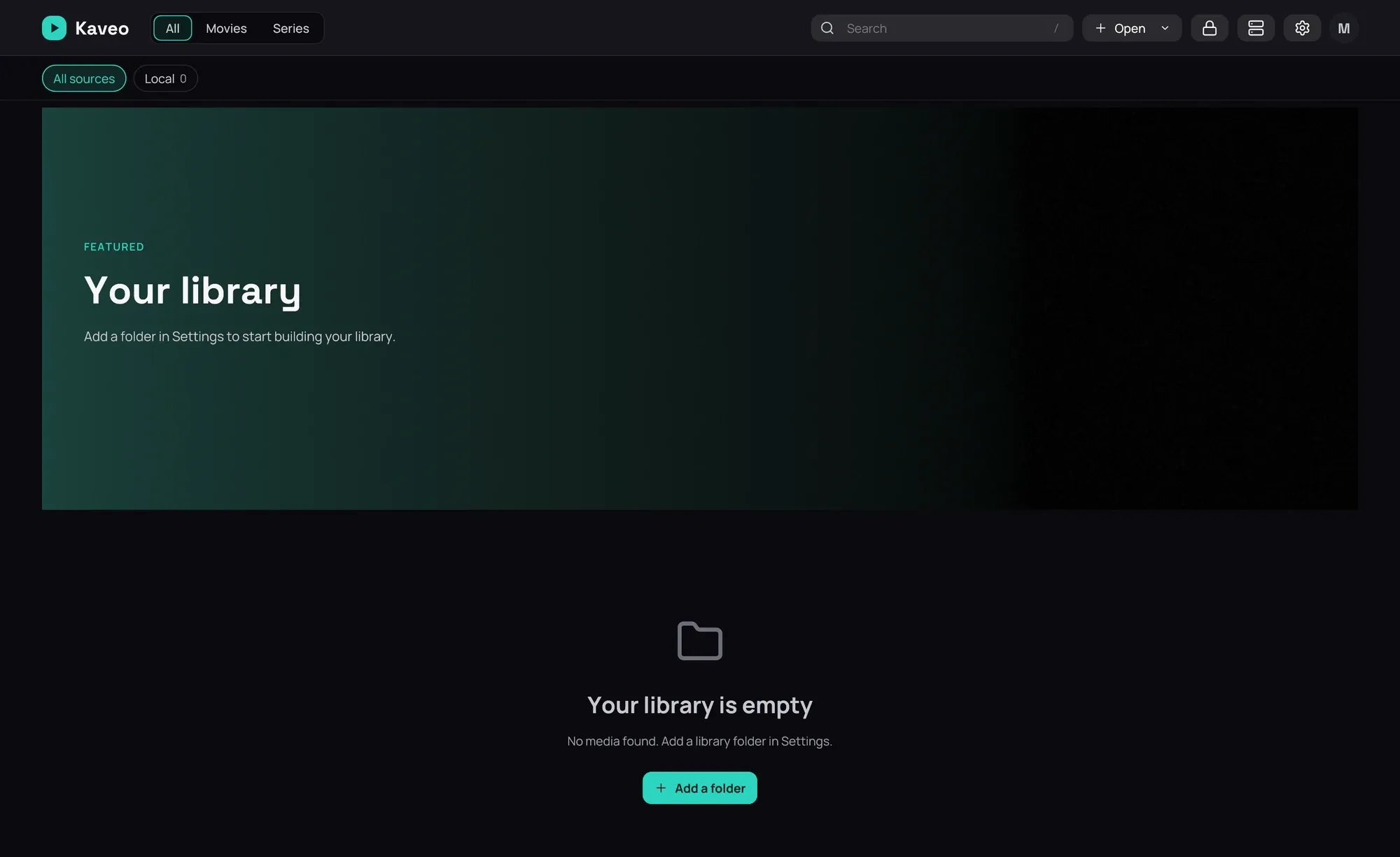 Kaveo's library screen on a first launch, with no folder added yet and an Add a folder button