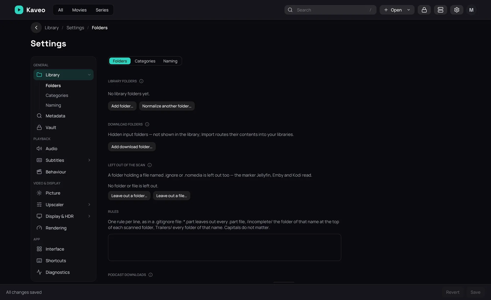 Settings, Library, Folders, with the Add folder button and no folders yet