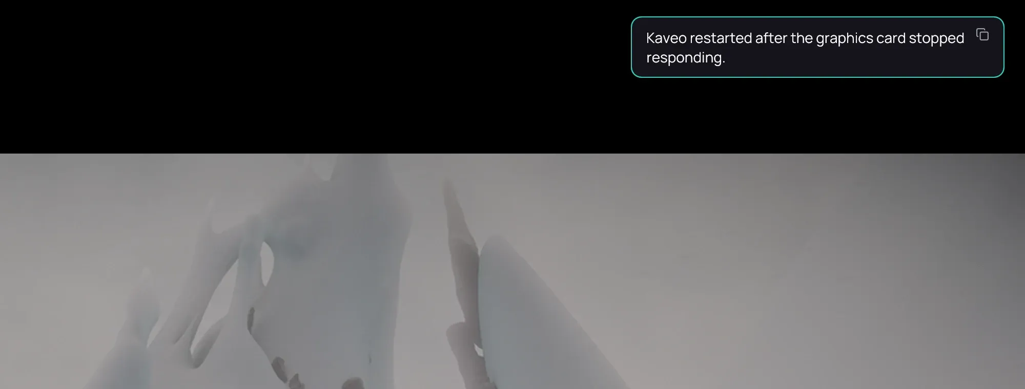The film playing again after a restart, with the notice "Kaveo restarted after the graphics card stopped responding." in the top-right corner