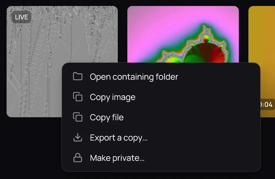 A Live Photo's menu on its folder's page: Open containing folder, Copy image, Copy file, Export a copy…, and Make private… at the bottom