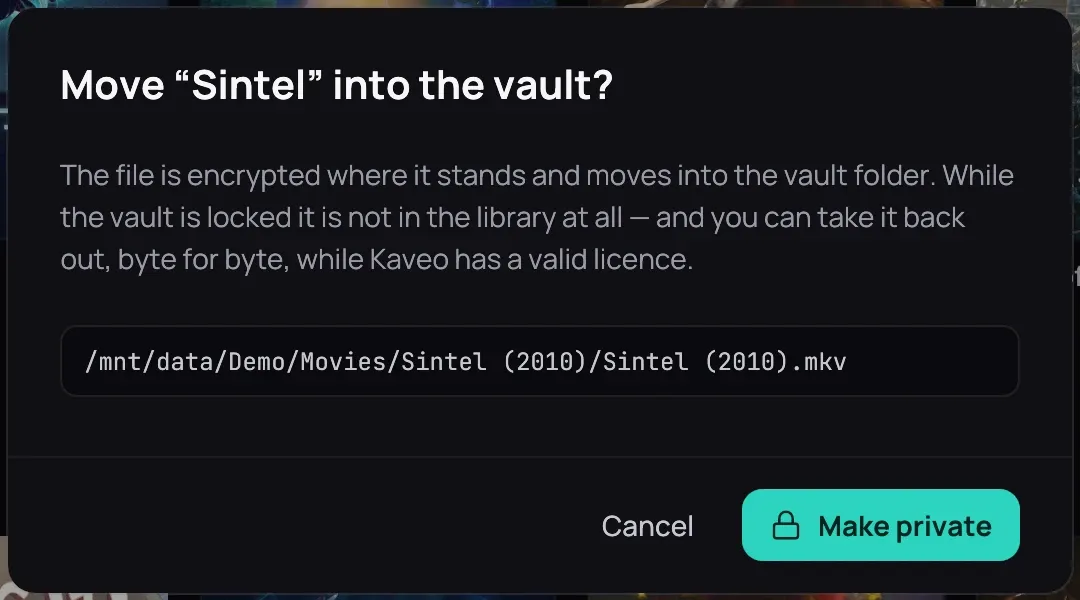 The confirmation asking to move the title into the vault: the film's full path, what will happen to it, and Cancel beside Make private