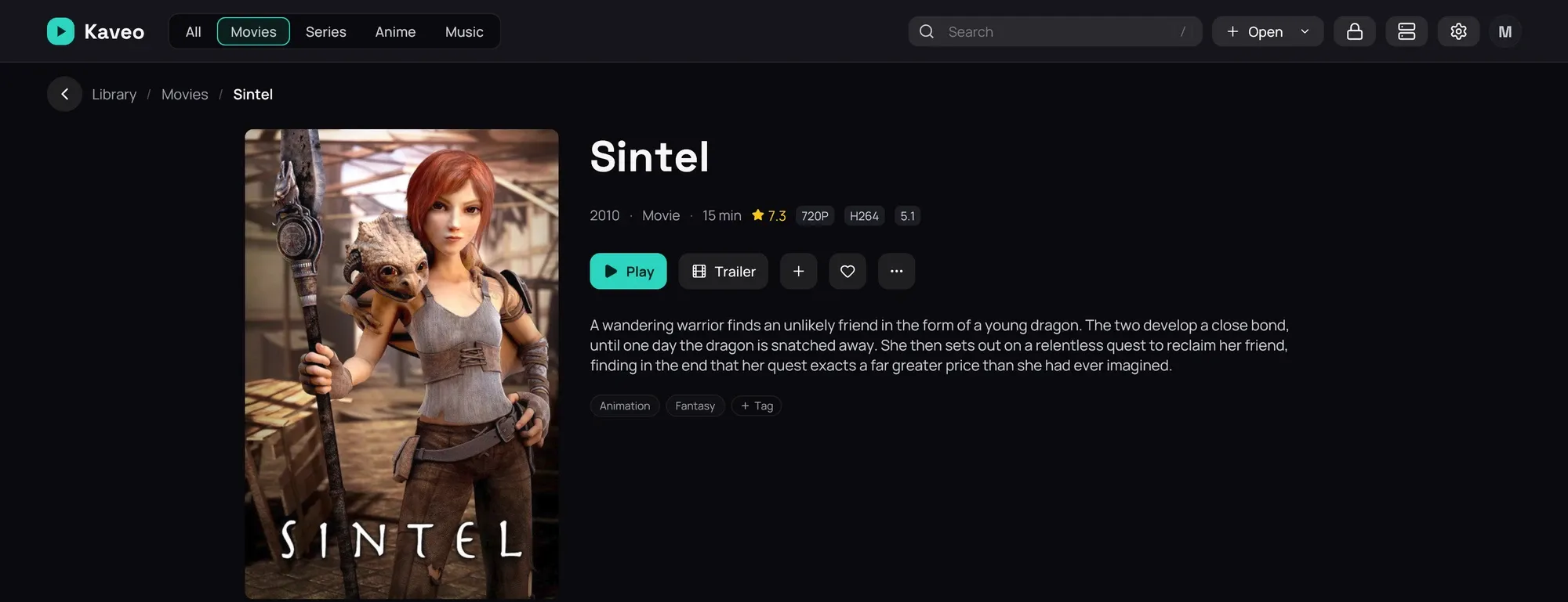 A film's own page, with its poster, description and genres