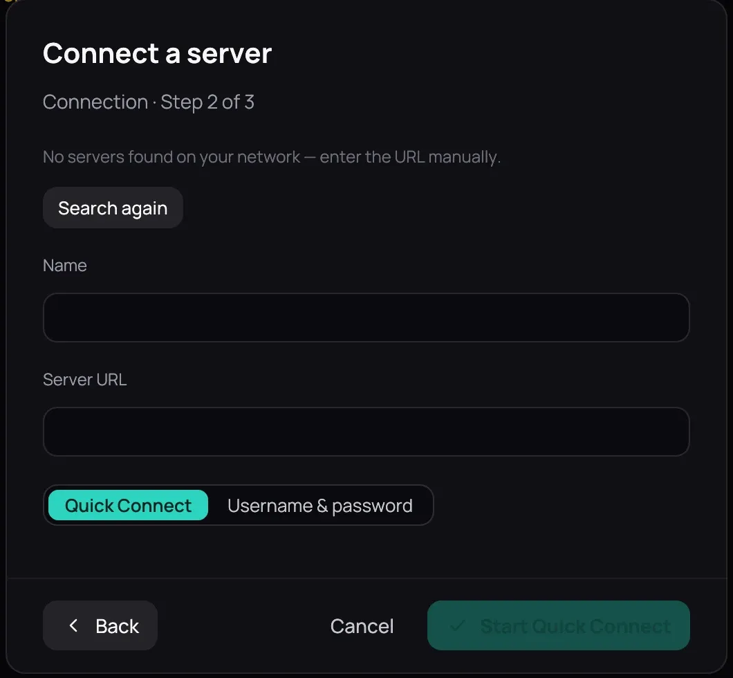 The connect wizard's connection step: the Name and Server URL fields, the Quick Connect and Username & password choice, and Back, Cancel and Start Quick Connect