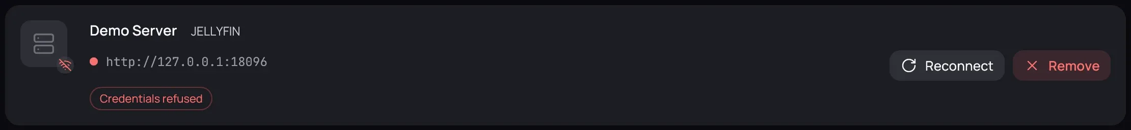 A server card whose sign-in no longer works: a red dot beside its address, the Credentials refused chip, and Reconnect beside Remove