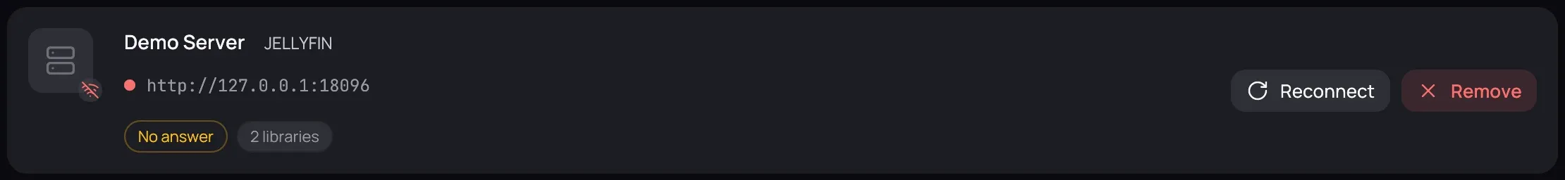 A server card whose server is silent: a red dot beside its address, the No answer chip, and Reconnect beside Remove