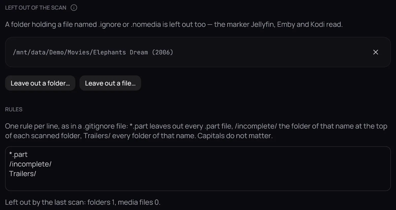 Settings › Library › Folders, scrolled to Left out of the scan: one excluded film folder with the cross that removes it, the Leave out a folder… and Leave out a file… buttons, three rules, and what the last scan left out