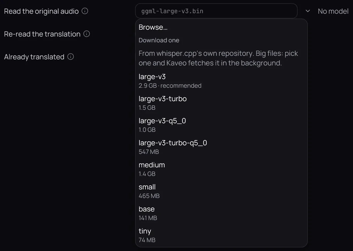 The Choose a model menu open under Read the original audio, which reads no model: Browse…, then Download one with eight whisper.cpp models from large-v3, 2.9 GB and recommended, down to tiny, 74 MB