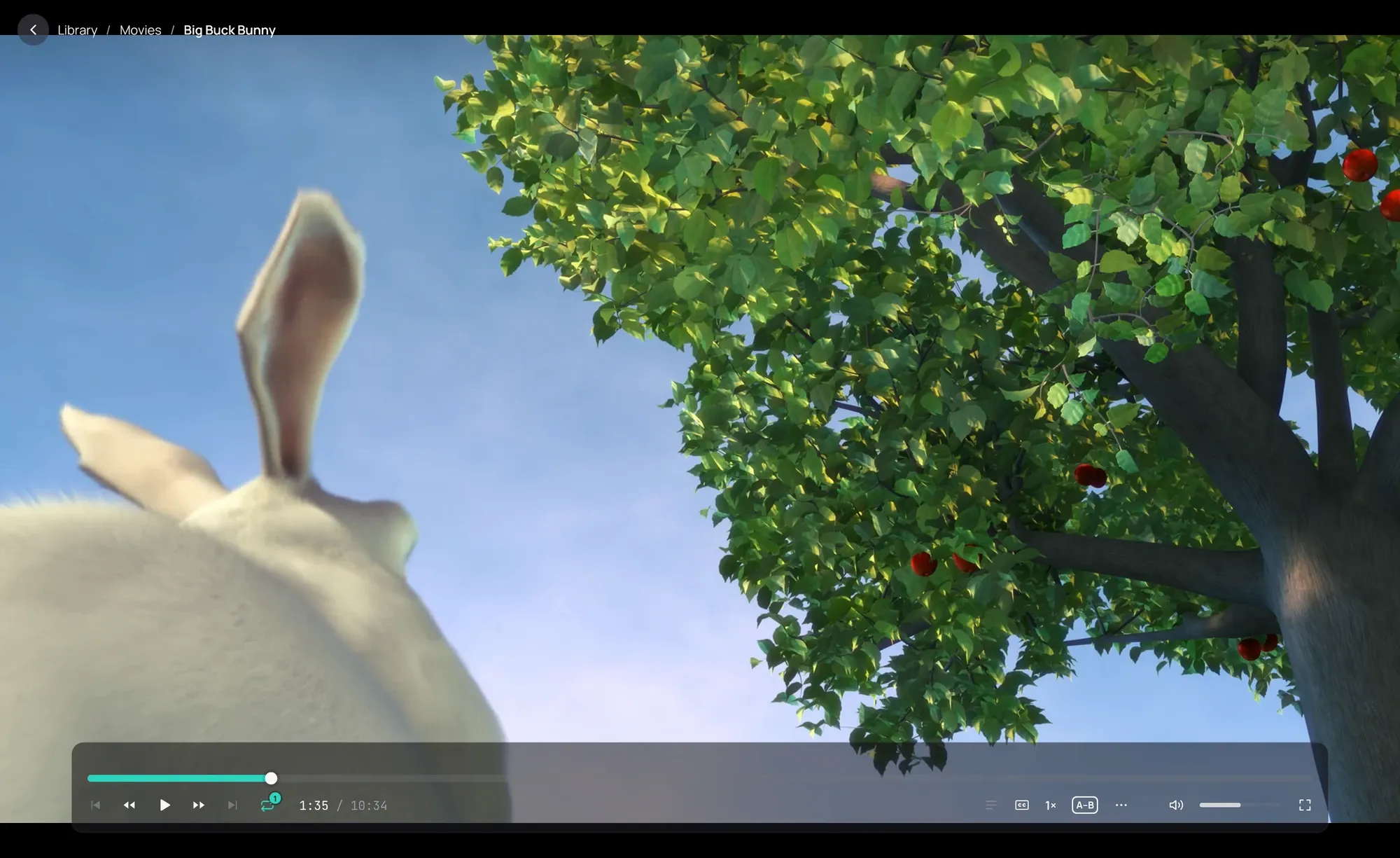 A paused film with the playback bar up: the Repeat button, lit, shows a small 1 — this video plays again when it ends