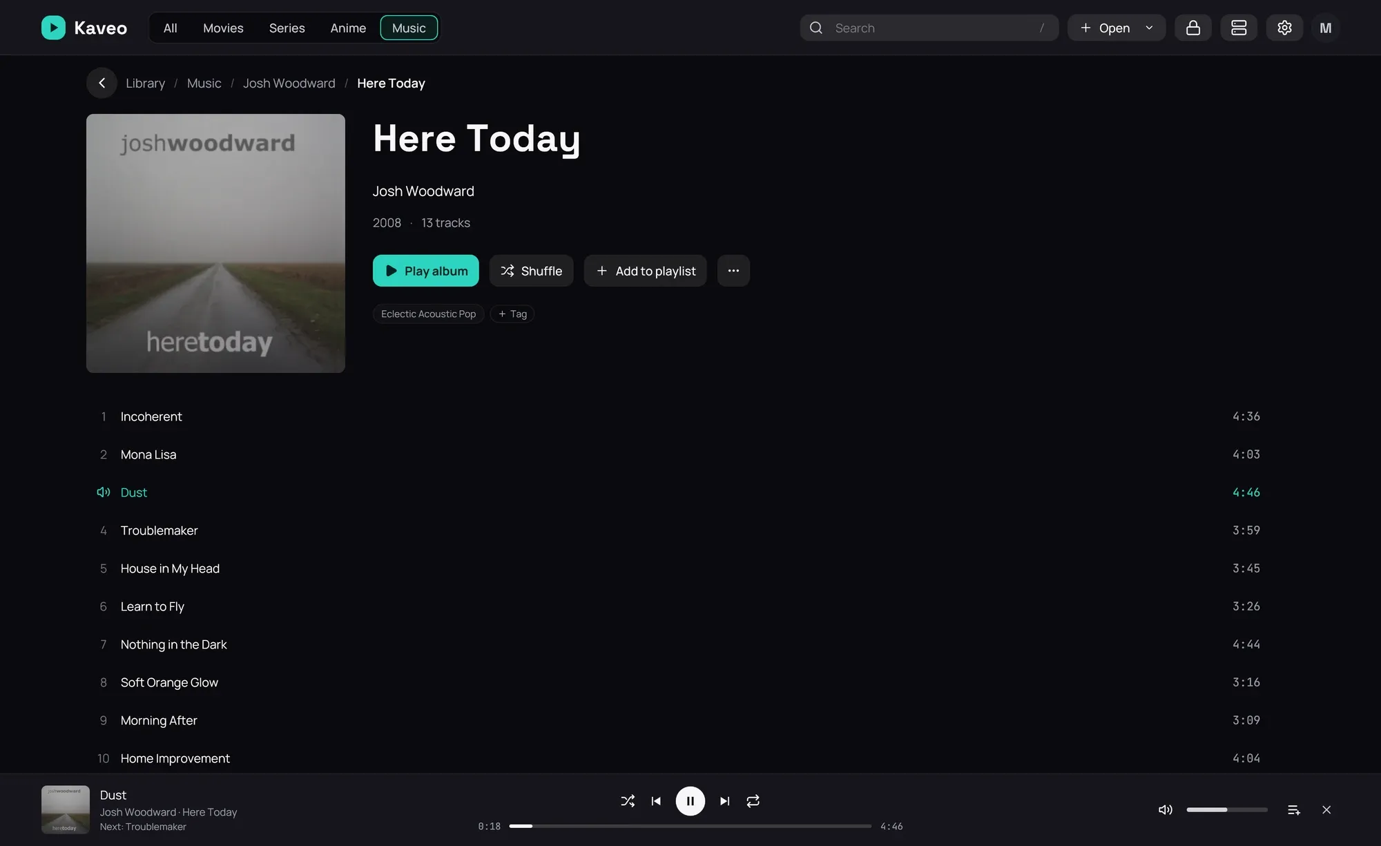 An album page with the music bar at the bottom: on the left the cover, the title, the artist and the album, and the next track; in the middle shuffle, previous, pause, next and repeat over the time and the position bar; on the right the volume, the queue and the stop button