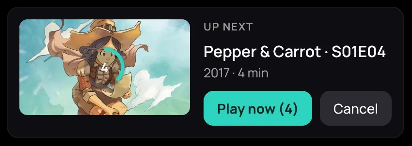The Up next card: the next episode's picture with a countdown, its name, Play now and Cancel