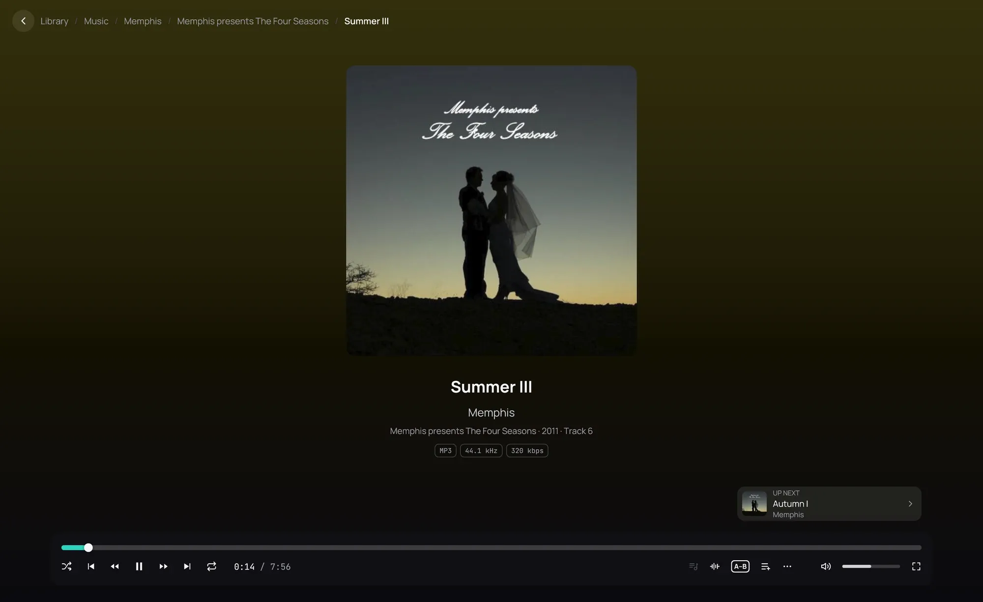 The player on a song, over a background in the cover's colour: the cover in the middle; under it the title, the artist and the album as links, the year and the track's number, and the file's format in small boxes; the Up next card at the bottom right, above the playback bar