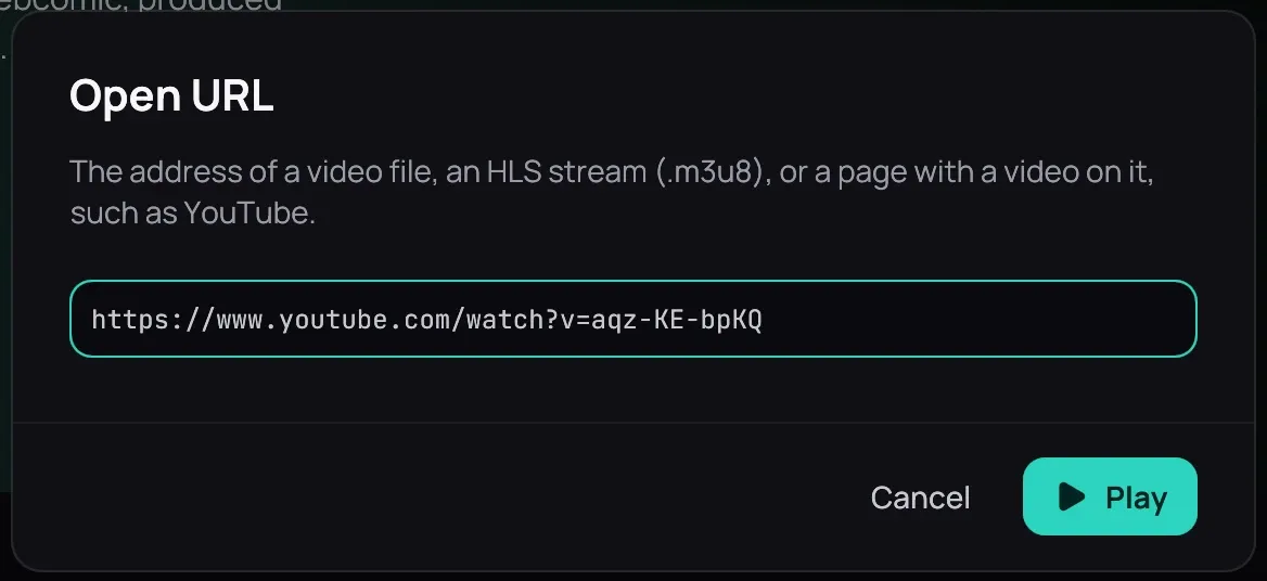 The Open URL dialog over the library, its field holding a YouTube address, with Cancel and Play
