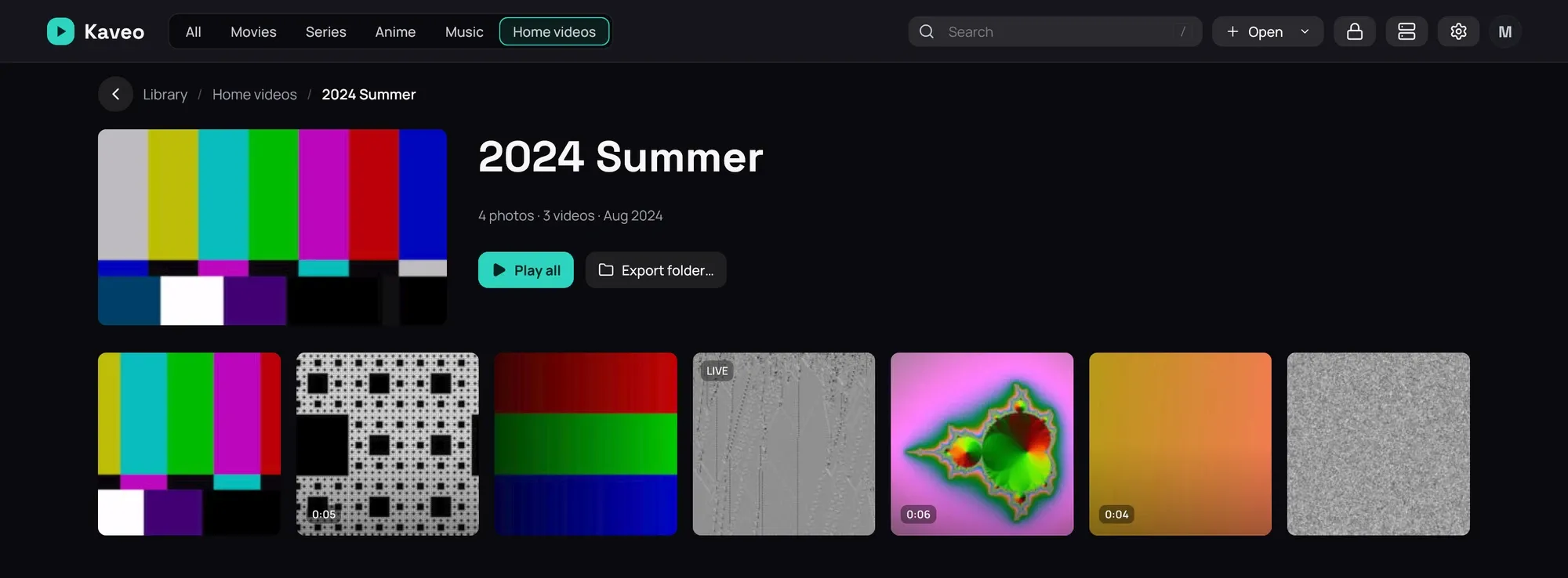 A folder's page: its photos and videos in one grid, newest first, each video with its length