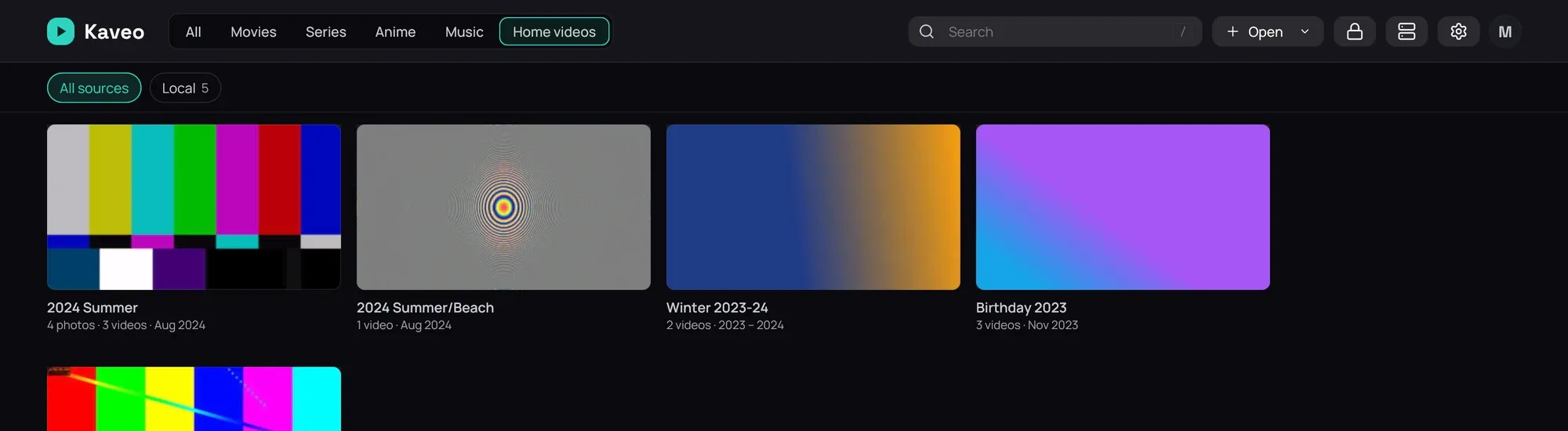 The Home videos category: one card per folder, each saying how many photos and videos it holds and when