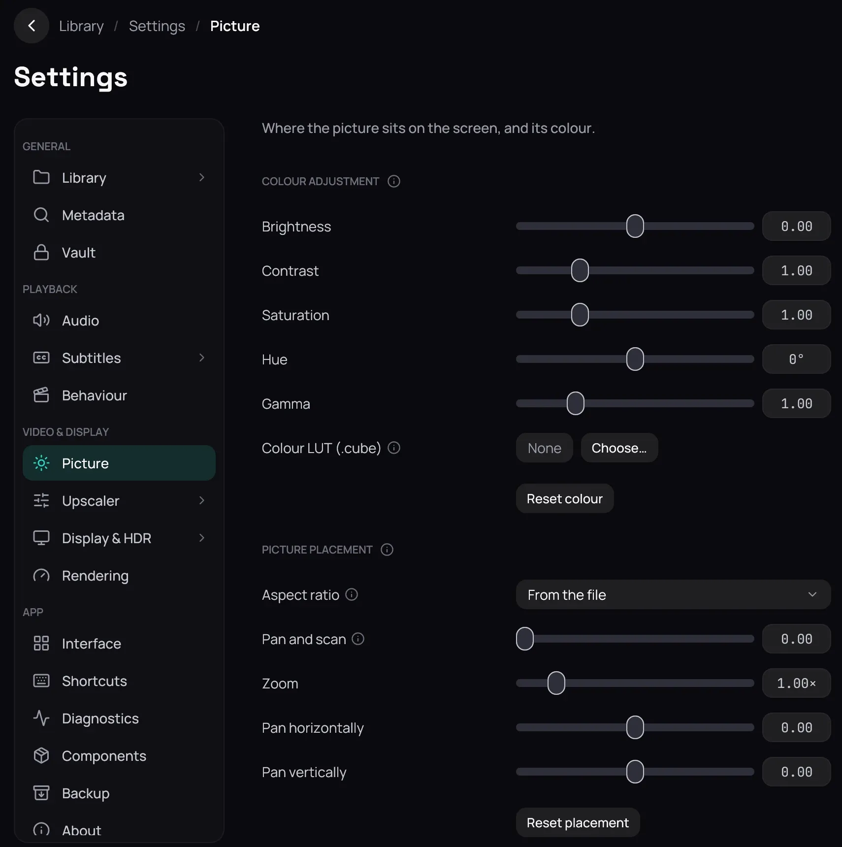 Settings shown on the Picture section: the rail listing all sixteen sections with Picture selected first under Video & display, and beside it Colour adjustment — Brightness at 0.00, Contrast, Saturation and Gamma at 1.00, Hue at 0°, Colour LUT (.cube) on None with Choose…, and Reset colour — then Picture placement — Aspect ratio on From the file, Pan and scan at 0.00, Zoom at 1.00×, Pan horizontally and Pan vertically at 0.00, and Reset placement.