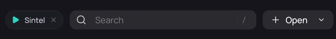 The now-playing pill, with the film's name and a cross, beside the search field and Open in the top bar