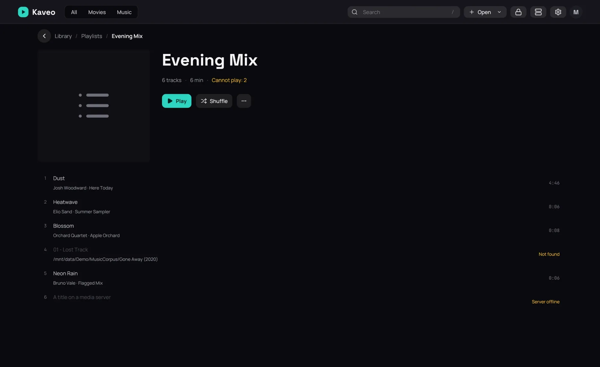 A playlist's page: its name, how many songs it holds, Play, Shuffle, and its songs, one of them marked Not found