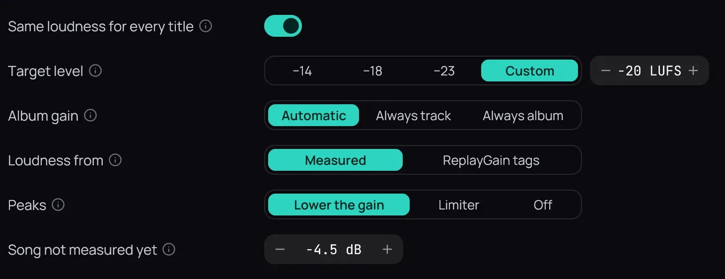 The levelling rows in Settings › Audio: Same loudness for every title on, Target level on Custom at −20 LUFS, Album gain on Automatic, Loudness from on Measured, Peaks on Lower the gain, and Song not measured yet at −4.5 dB