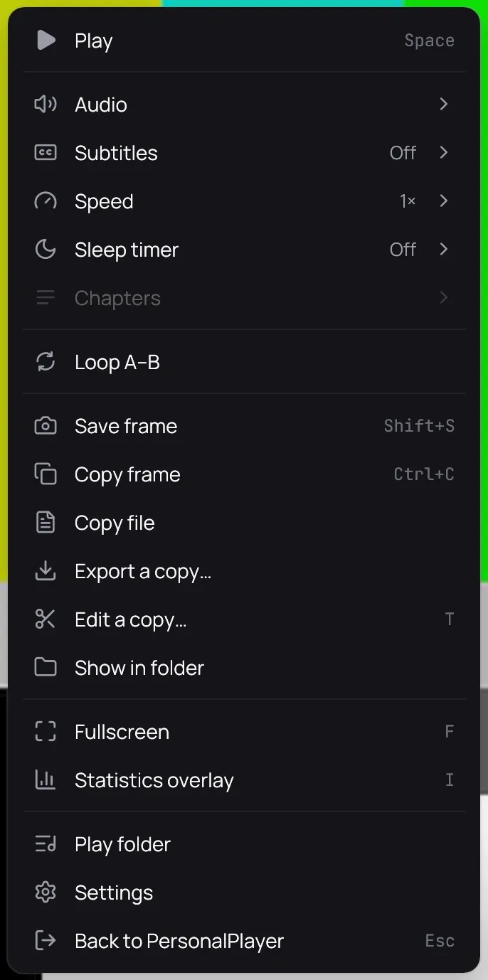The player's right-click menu over a paused video of your own, with its copies in the middle: Save frame, Copy frame, Copy file and Export a copy…, then Edit a copy… and Show in folder