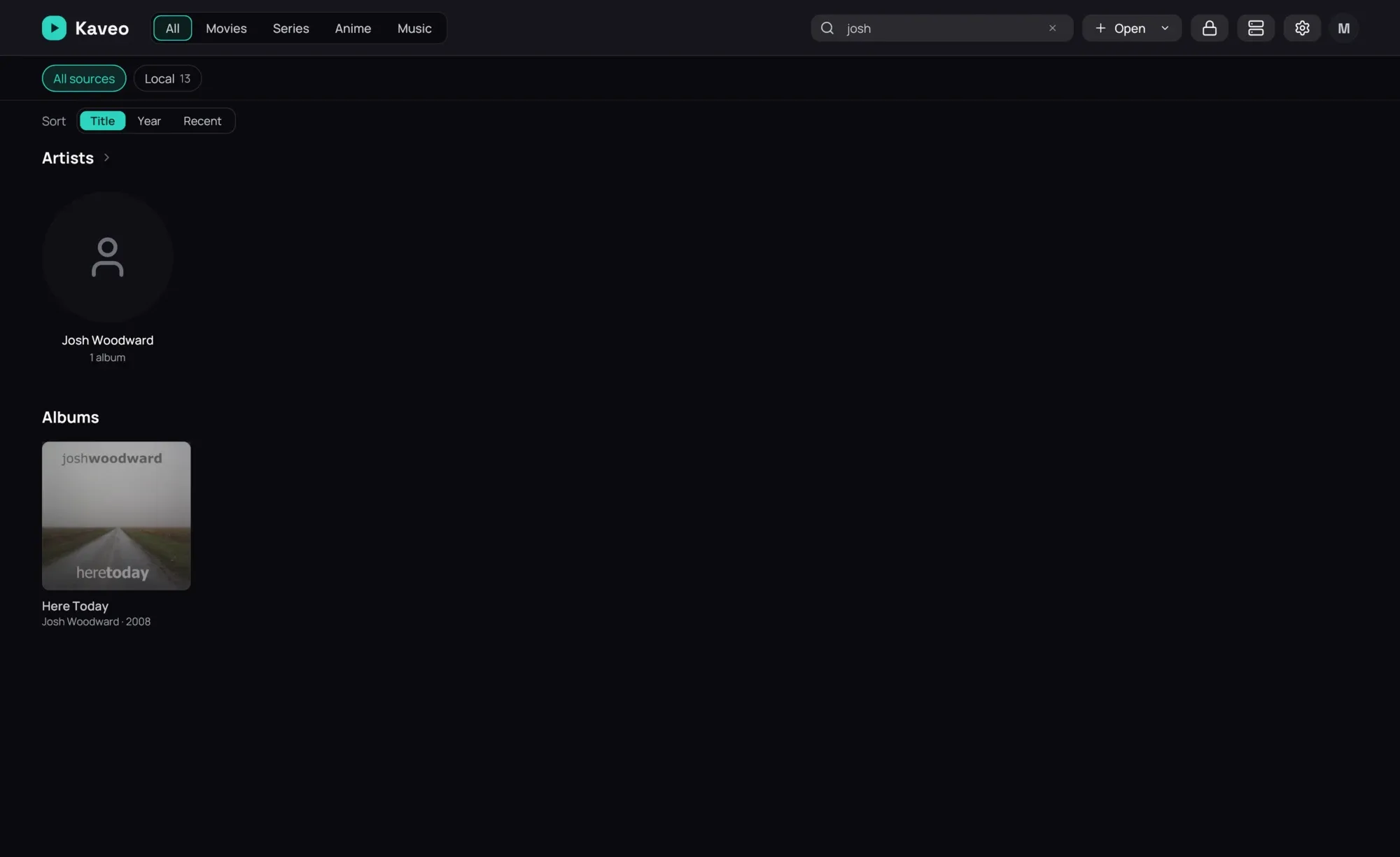 Search results for "josh": the artist Josh Woodward above the grid, and his album under it