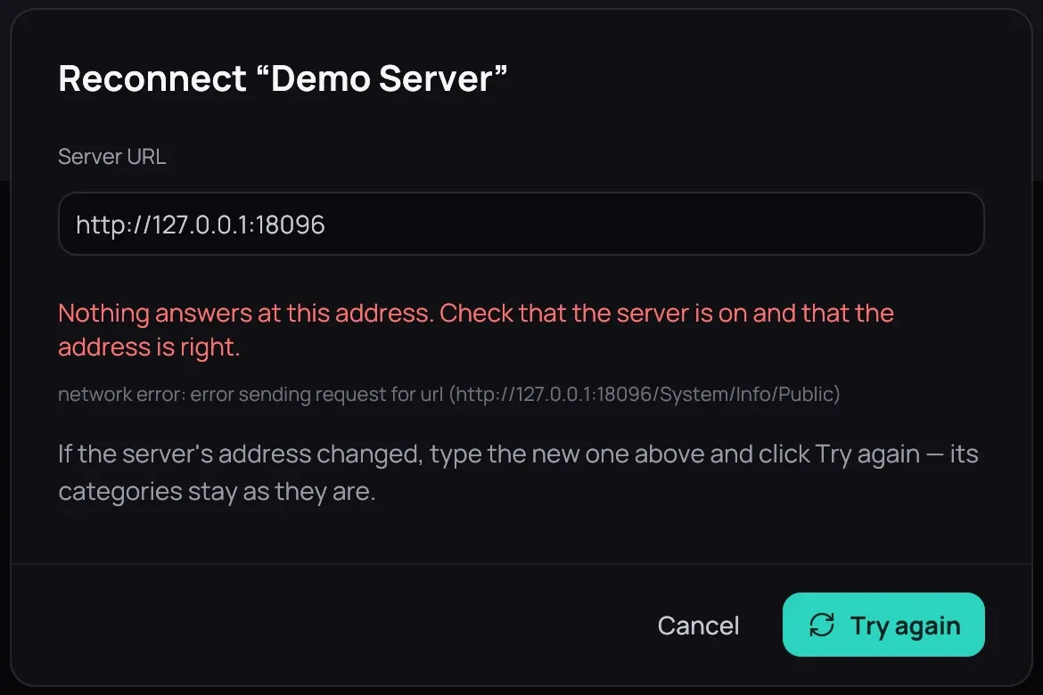 Reconnect for Demo Server: the Server URL field with the address Kaveo has, the sentence saying nothing answers there, the hint to type the new address above, and Try again beside Cancel