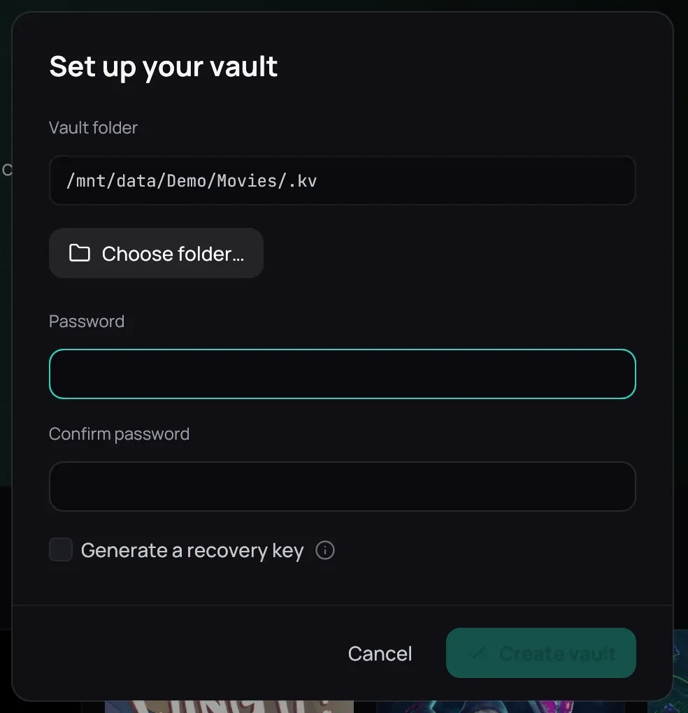 The Set up your vault dialog: Vault folder with a folder already filled in and Choose folder… under it, the empty Password and Confirm password fields, the Generate a recovery key checkbox, and Cancel beside a greyed-out Create vault