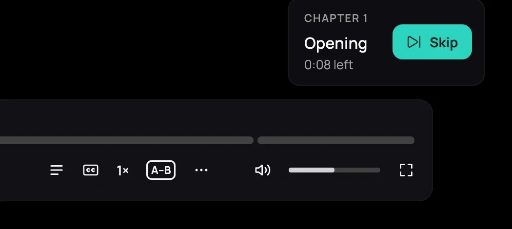 The Skip card in the bottom-right corner, reading Chapter 1, Opening and 0 left beside its Skip button, above the right end of the playback bar