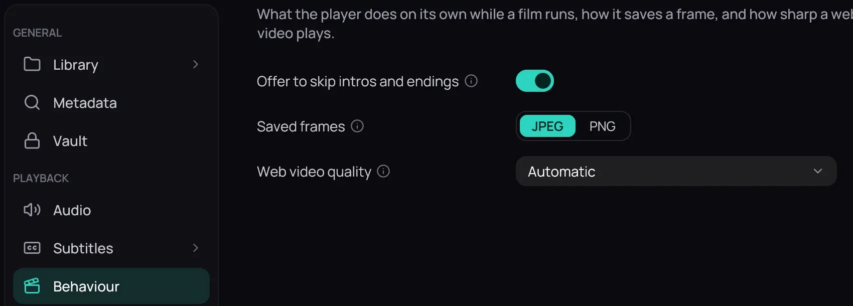 Settings with Behaviour chosen under Playback in the rail, and the section's three rows — Offer to skip intros and endings, on, Saved frames with JPEG chosen, and Web video quality on Automatic