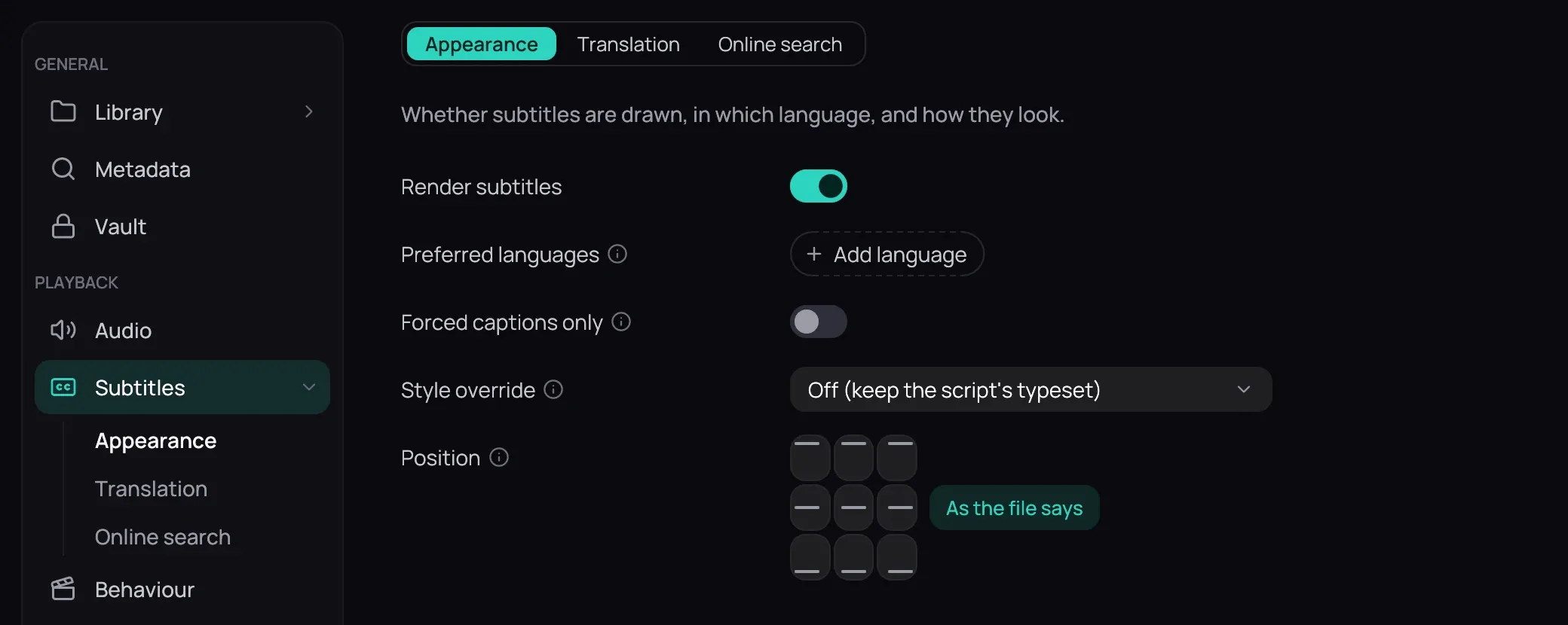 Settings with Subtitles chosen in the rail and its three sub-pages listed under it, repeated as tabs above the Appearance page and its one-line description: Render subtitles on, Preferred languages with Add language and none chosen yet, Forced captions only off, Style override on Off (keep the script's typeset), and Position on As the file says
