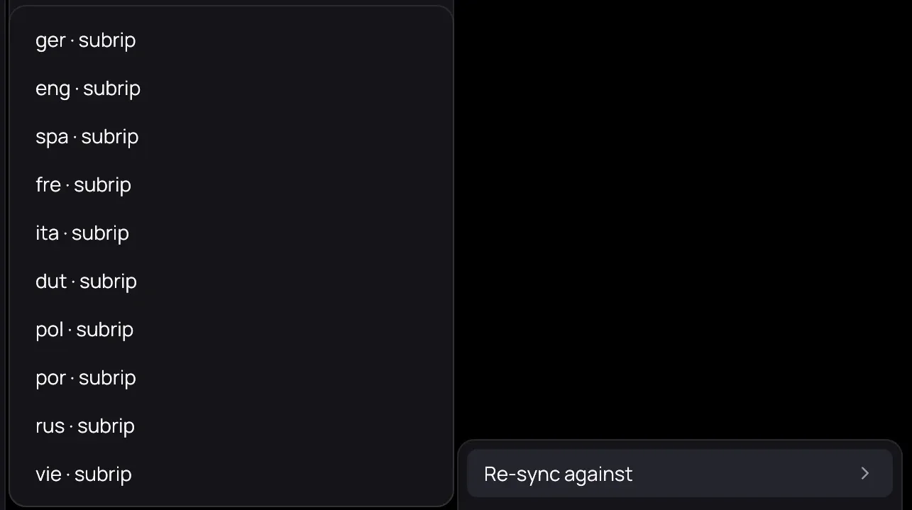 Re-sync against, the first row of Tools, highlighted, with the video's own tracks listed beside it: ger, eng, spa, fre, ita, dut, pol, por, rus and vie, each marked subrip