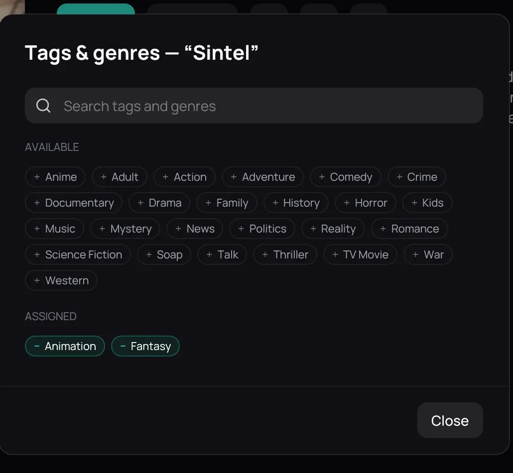 The tags and genres editor, with the Available and Assigned lists