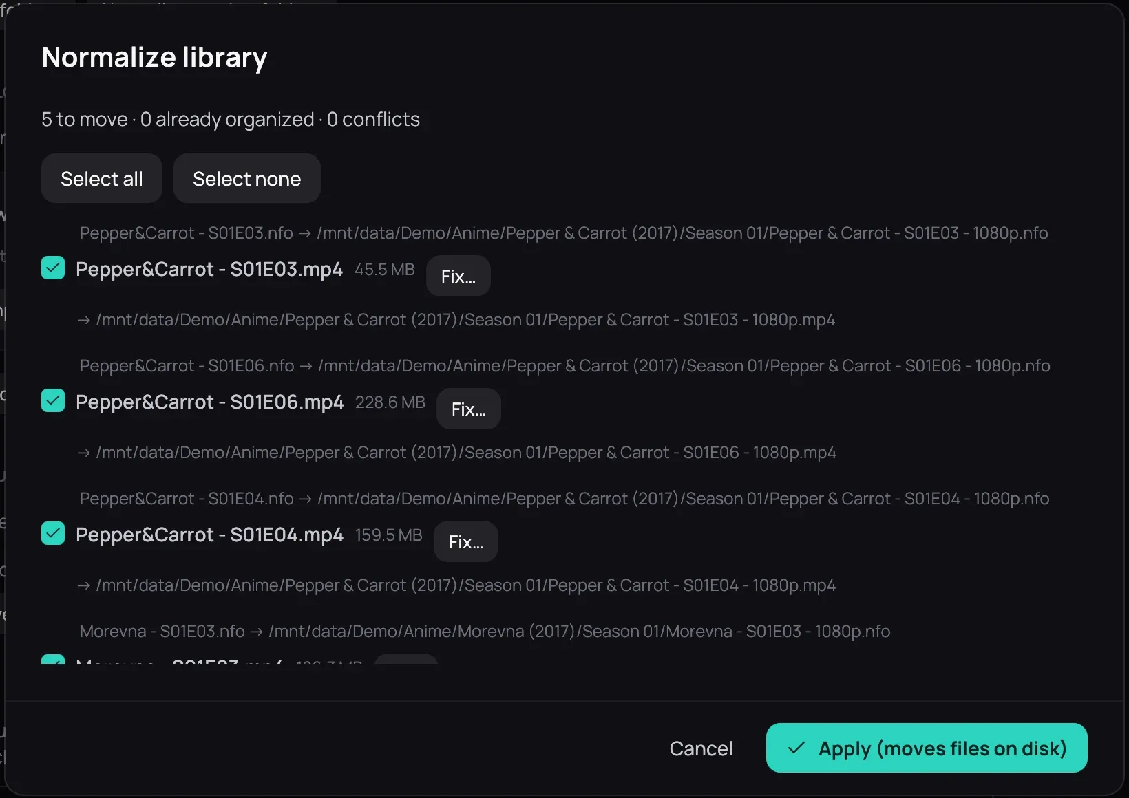 The Normalize library preview: 5 to move, 0 already organized, 0 conflicts above Select all and Select none, then ticked rows each carrying a file name, its size, Fix… and the name it would be given, with Cancel and Apply (moves files on disk) at the foot
