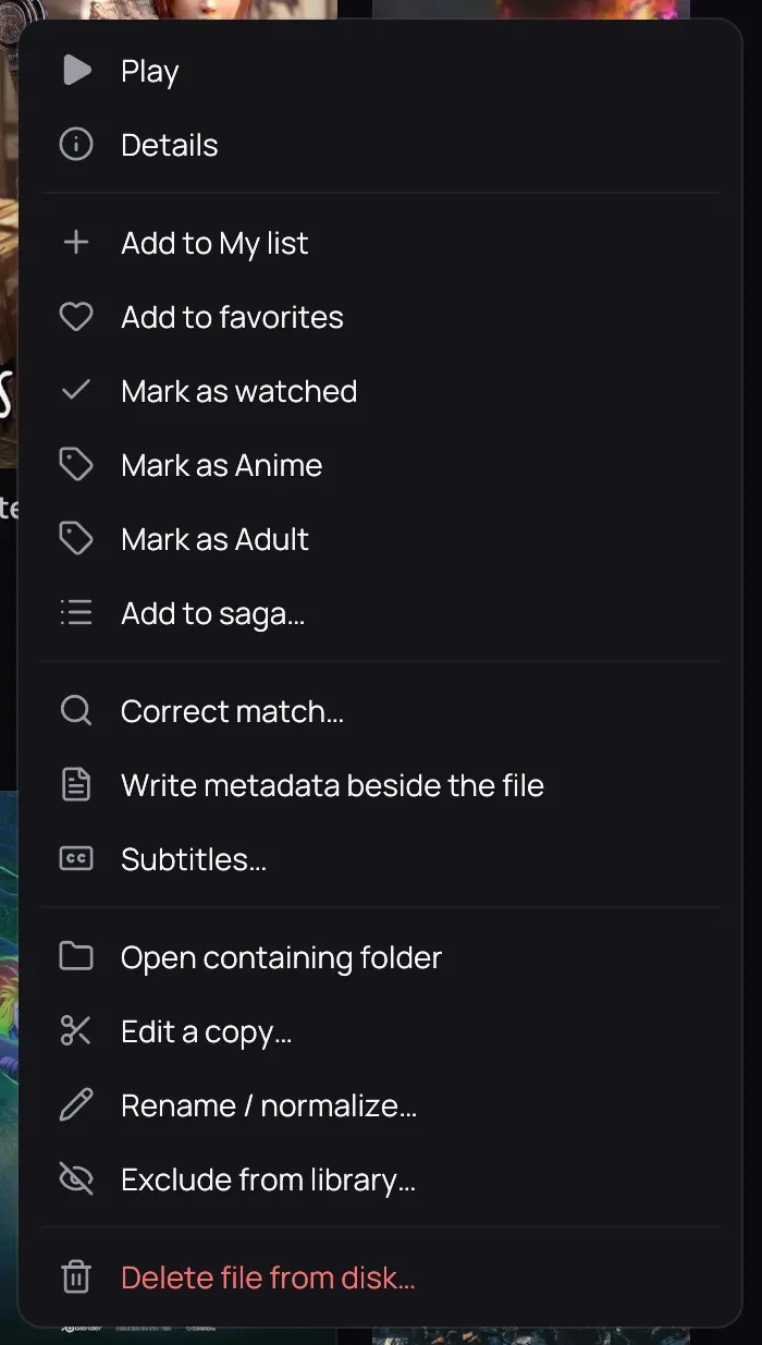 A card's right-click menu: Play, Details, list and tag actions, Correct match, Write metadata beside the file, Subtitles, file actions including Exclude from library, and Delete file from disk