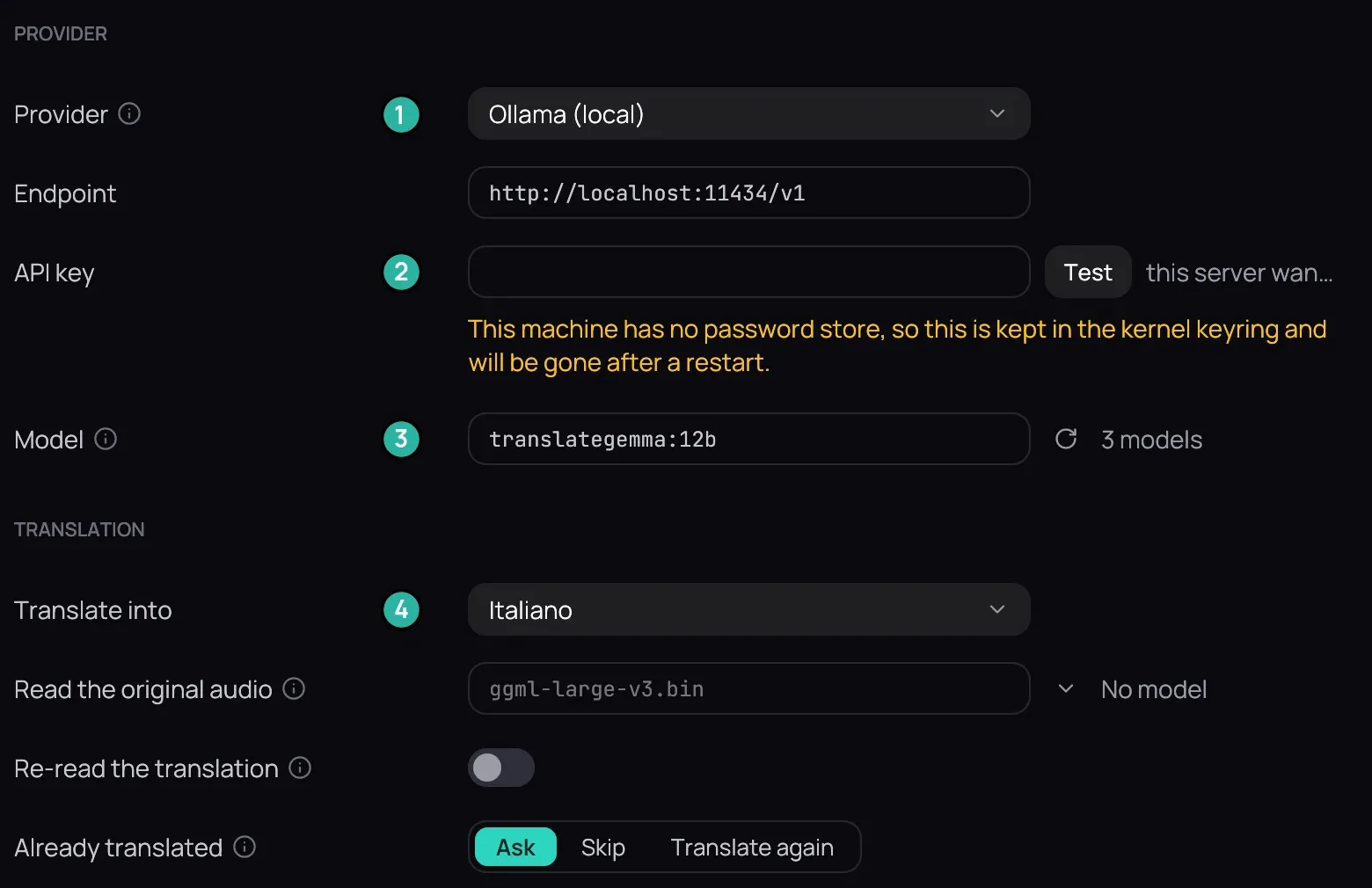 Settings › Subtitles › Translation set up for Ollama (local): Provider, Endpoint, Model with translategemma and 3 models found, Translate into on Italiano, Read the original audio, Re-read the translation, Already translated set to Ask, and an empty API key that this server does not need, numbered 1 to 4