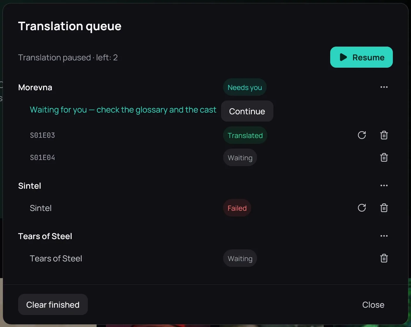 The Translation queue, paused with two left: a series that needs you, with a Continue button and its episodes, a failed film with a retry button, a film waiting, a ⋯ on each, and the Resume, Clear finished and Close buttons