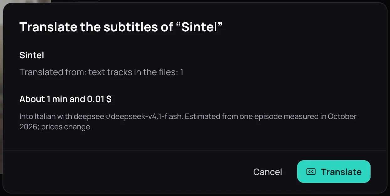The dialog Translate the subtitles of “Sintel”: the film, where its text comes from, the estimate of time and cost, and the Cancel and Translate buttons